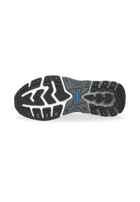 Suola di scarpa atletica nera e grigia con un motivo di battistrada testurizzato, scanalature visibili e un accento blu al centro.