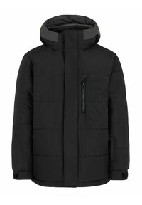 Schwarze gesteppte Jacke mit grauem gefüttertem Kapuzenrand, vorderem Reißverschluss, Brusttasche und verstellbaren Manschetten. Glatte Stoffoberfläche, minimalistisches Design.