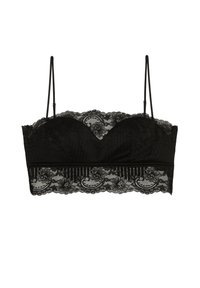Černý krajkový bralet s přísnou bandeau konstrukcí, zvlněnými okraji, květinovými vzory a štíhlými nastavitelými ramínky.