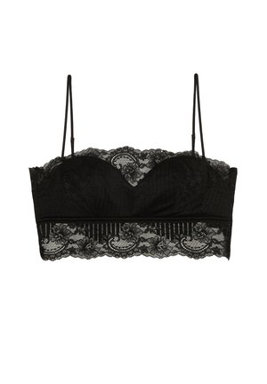 Schwarzer Spitzen-Bralette mit strukturiertem Bandeau-Design, gewellten Kanten, floralen Mustern und schmalen verstellbaren Trägern.