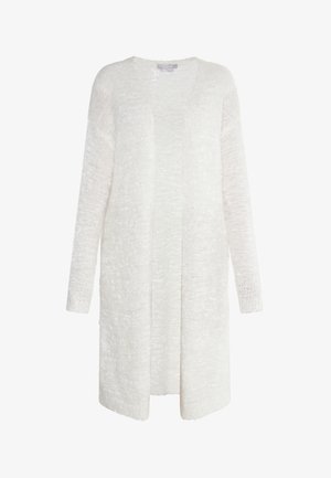 Hosszú, nyitott elülső kardigán krémfehér színben, puha, texturált kötött anyagból készült. Hosszú ujjai és laza fazonja van. Nincsenek záródások vagy minták.