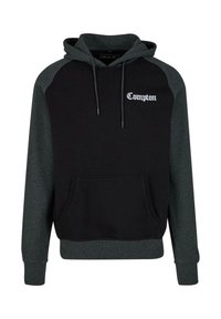Fekete és sötétszürke kapucnis pulcsi elülső zsebbel, húzható kapucnival, és fehér "Compton" felirattal a mellrészen. Pamut keverék anyag, laza dizájn.
