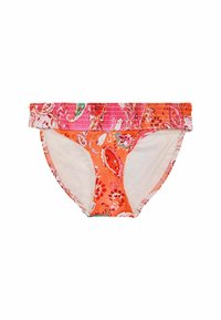 Oranžs peldkostīmu apakšdaļa ar ziedu paisley rakstu. Iekļauj savilkta jostasvietu, bezšuvju sānu daļas un mīkstu iekšējo oderi.