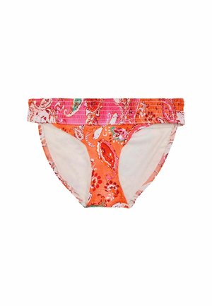 Parte inferior de bañador en naranja con patrón de paisley floral. Presenta una cinturilla fruncida, lados sin costuras y forro interior suave.