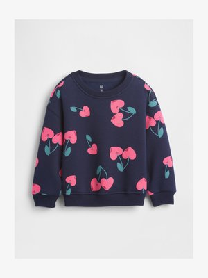 Marinblå sweatshirt med lyserøde hjerte- og grønne bladmønstre, rund hals, blødt stof, løs pasform, lange ærmer, ribstrikkede manchetter og kant.