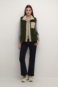 Vest verde căptușit cu fleece, cu un panou frontal bej, cu nasturi tip snap, buzunar cu fermoar, purtat peste un pulover gri și blugi închiși la culoare, asortat cu adidași bej.