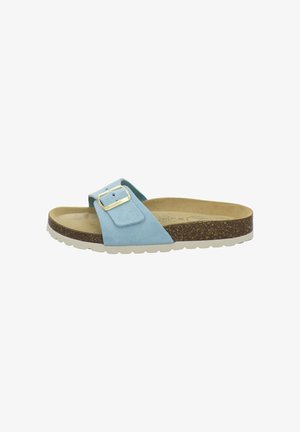 Light blue suede slide sandal with wide adjustable strap and gold buckle, cork footbed, and white textured sole.