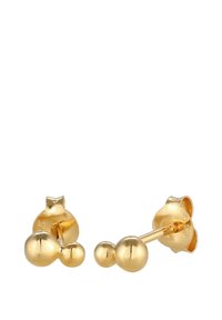 Gold stud earrings featuring a trio of spherical elements in varying sizes, with a polished finish and post-back closure.