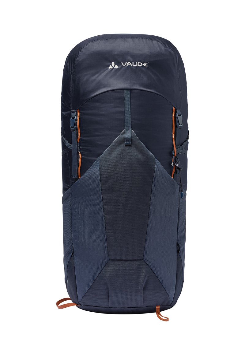 Navyblauer Vaude-Rucksack mit glattem oberen Stoff und strukturiertem unteren Panel. Verfügt über orangefarbene Akzente und mehrere Reißverschlüsse zur Aufbewahrung.