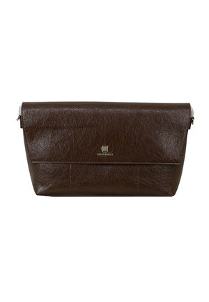 Dunkelbraune, strukturierte Leder-Clutch mit Klappverschluss und kleinem Metalllogo mittig vorne.