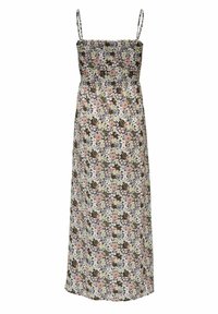 Robe maxi fleurie avec fines bretelles, corsage smocké et motif de fleurs roses, blanches et vertes sur fond noir.