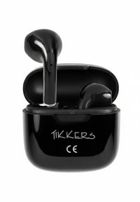 Draadloze oordopjes in een glanzende zwarte oplaadcase. Voorzien van een glad, afgerond ontwerp met een minimalistisch logo en CE-markering.