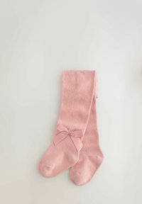 Helle rosa Strumpfhosen mit weicher Textur, versehen mit einer Schleifenakzent am Knöchel, flach auf einem hellen Hintergrund präsentiert.