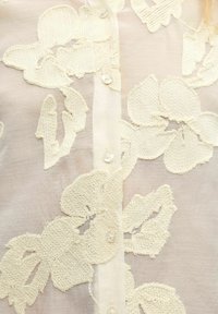 Dame button-up bluse med detaljeret hvid blomsterbroderi på en lys beige baggrund, med delikat tekstur og perleknapper.