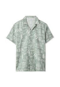 Camicia verde a maniche corte con una varietà di motivi geometrici bianchi, chiusura con bottoni e colletto classico. Realizzata in tessuto leggero.