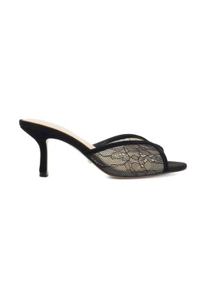 Black mesh mule with floral lace pattern, open toe, and mid-height slim heel on a white background.