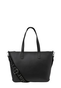 Sac fourre-tout en cuir noir avec deux poignées courtes, une bandoulière amovible arborant un logo et un design élégant et lisse.