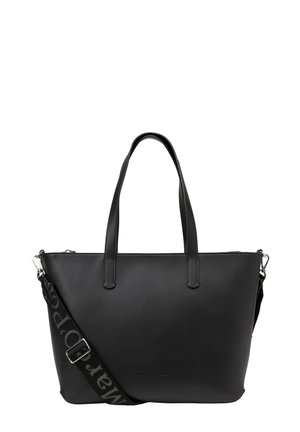 Black leather tote bag with two short handles, detachable shoulder strap featuring logo, and a sleek, smooth design.