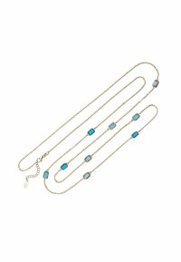 Gold chain necklace featuring three strands interspersed with rectangular blue and aqua gemstones. Lobster clasp with extension chain.
