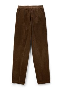 Brązowe spodnie z sztruksu z elastycznym pasem, prostym krojem nogawek i pionowym prążkowanym wzorem.