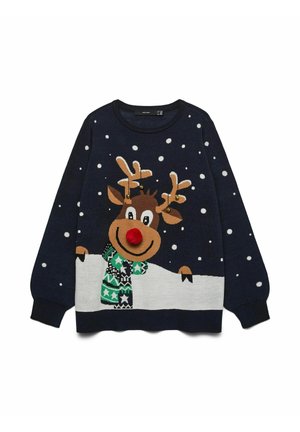 Temno modra pulover z motivom severnega jelena z rdečim nosom, snežinkami in vzorčasto ruto v zelenih, belih in črnih odtenkih.
