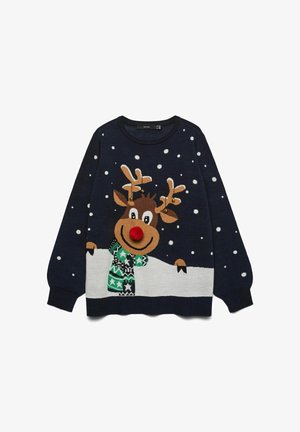 Tamnoplavi džemper s motivom jelena sa crvenim nosom, pahuljicama i šalom u zelenoj, bijeloj i crnoj boji.