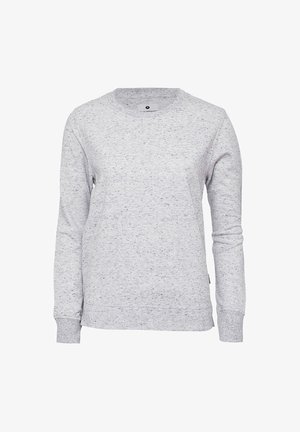 Light gray sweatshirt made of soft fabric, featuring a crew neckline and long sleeves with ribbed cuffs. Subtle speckled texture.