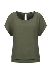 Olivengrønn kortermet topp med rund hals og nøkkelhullåpning bak. Laget av strukturert stoff med en avslappet passform.