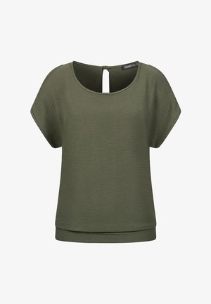 Alyvuogių žalios spalvos trumpomis rankovėmis palaidinė su apvalia iškirpte ir atvira anga nugaroje. Pagaminta iš tekstūruotos medžiagos, laisvo kirpimo.