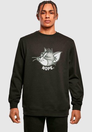 Black sweatshirt with long sleeves, featuring a cartoon cat design and the text "NOPE." in white. Soft fabric texture, classic crew neck.