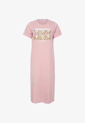 Camisón corto de manga corta en color rosa con tres ositos de peluche con lazos y el texto "MORNING Cuddles" en la parte delantera.