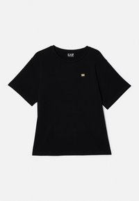 Black short-sleeve T-shirt made of cotton with a crew neckline and a small gold logo on the front. Smooth texture and relaxed fit.