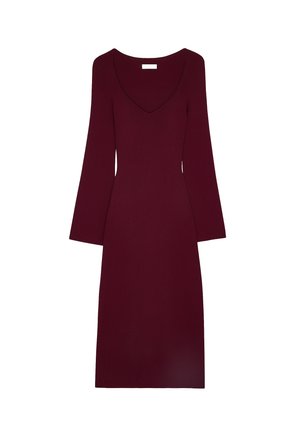 Knee-length, fitted burgundy dress with long bell sleeves and a deep V-neckline, made from ribbed knit fabric.