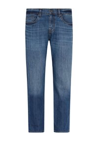 Jeans denimowe w średnim odcieniu niebieskiego z prostym krojem, pięcioma kieszeniami i kontrastowym szwem. Klasyczne zapięcie na guzik i zamek błyskawiczny.