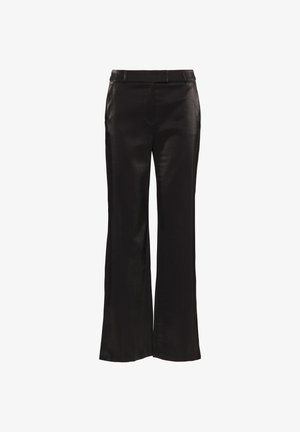 Pantaloni neri su misura realizzati in un tessuto liscio, con un design a gamba dritta, passanti per la cintura e tasche laterali. Nessun motivo visibile.