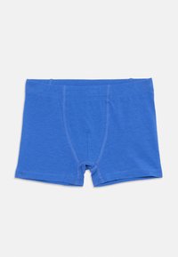 Blue cotton boxer shorts featuring a snug fit, elastic waistband, and reinforced seams with a smooth texture. No patterns or additional accents.