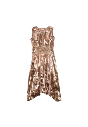 Rosa guld, ærmeløs kjole med en skinnende, metallisk finish. Elastisk talje med rynker og en flydende nederdel med længere bagkant. Glat tekstur.