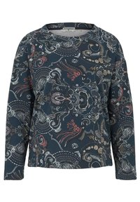 Top a maniche lunghe blu navy con un motivo paisley floreale in beige, rosso e bianco. Collo rotondo e vestibilità comoda. Tessuto morbido.