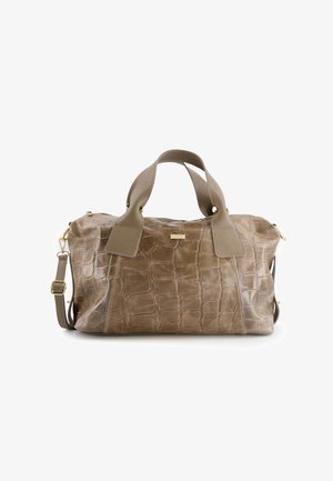 Beige krokodille-præget lædertaske med dobbelte top-håndtag og en aftagelig skulderrem. Har guld-tone hardware og lynlåslukning.