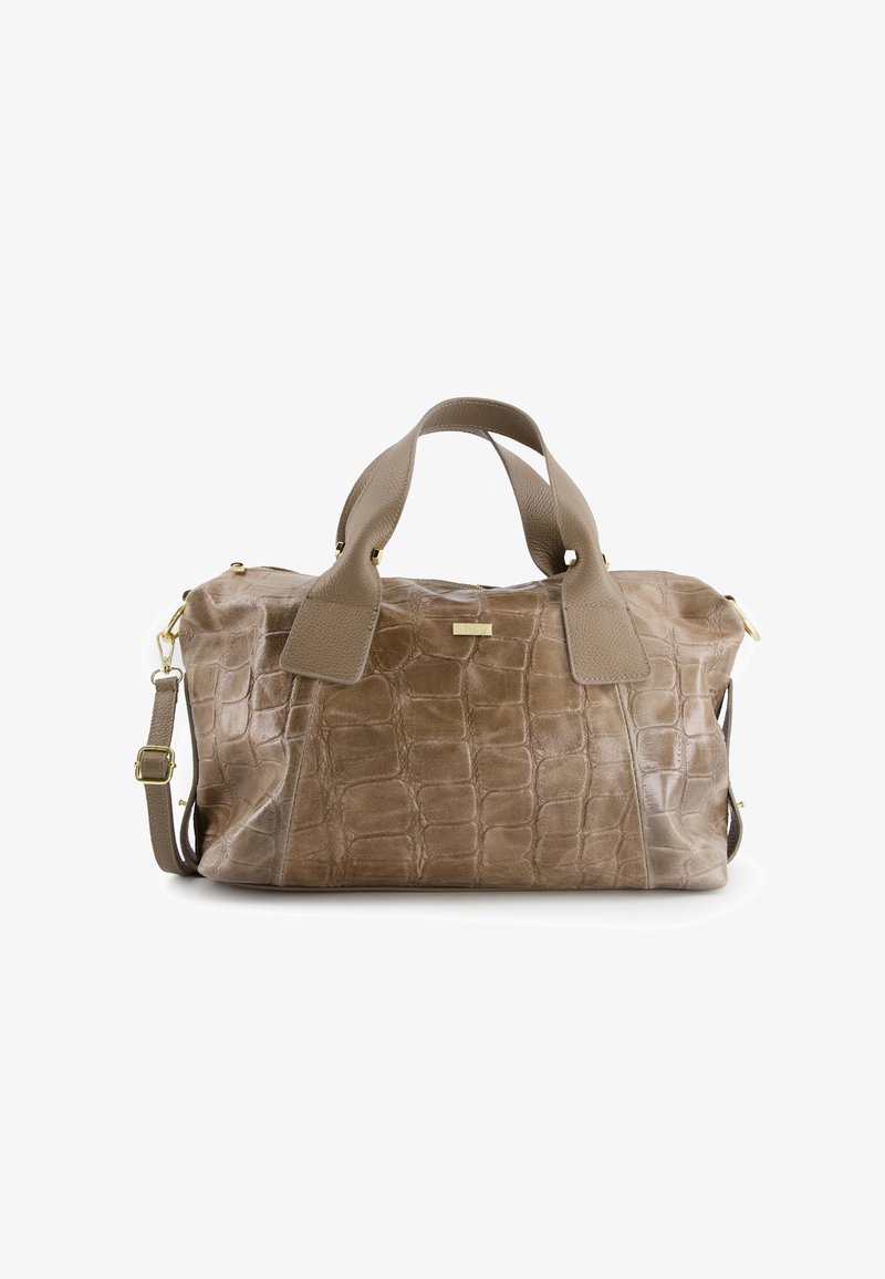Beige crocodile-embossed leather bag with dual top handles and a detachable shoulder strap. Features gold-tone hardware and zip closure.