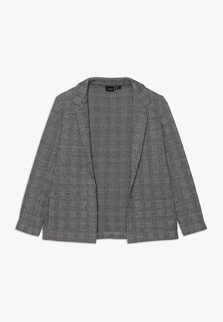 Blazer grigio a quadri con apertura frontale, colletto strutturato e maniche lunghe. Tessuto testurizzato con motivo a quadri. Senza chiusure.