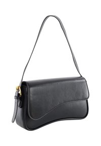 Black leather shoulder bag with curved flap and gold buckle detail on adjustable strap, sleek and minimalist design.