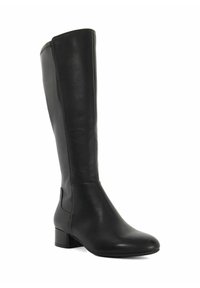 Tall black leather boot with a rounded toe and low block heel. Smooth texture with minimal seams and a sleek, fitted silhouette.