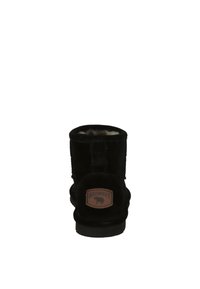 Black suede ankle boot with a rounded toe, soft lining, and a branded tab at the back. Features a simple, functional design.