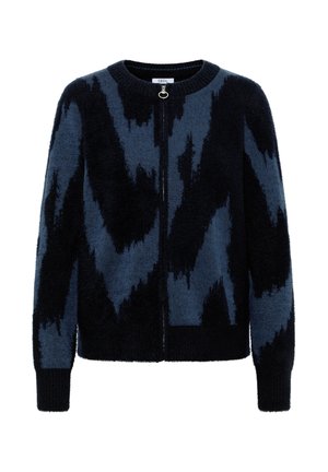 Blå og marineblå strikket cardigan med et abstrakt zigzag-mønster, rund hals, fuld lynlås lukning og ribbede manchetter og kant.