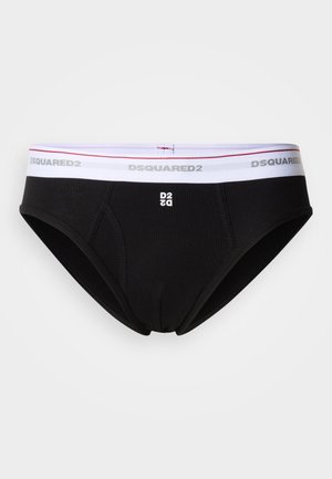 Slip noir côtelé avec une ceinture élastique blanche et rouge arborant la marque "DSQUARED2" et un logo centré.