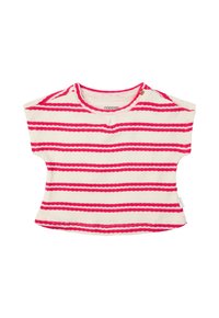 Korte mouwen top in witte ribstof met gedurfde roze strepen, met een ronde hals en een knoopdetail op de schouder.