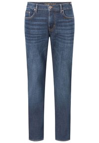 Jeanși din denim de culoare albastru închis, cu un design clasic cu cinci buzunare, croi drept și o ușoară decolorare pe coapse. Accente de metal.