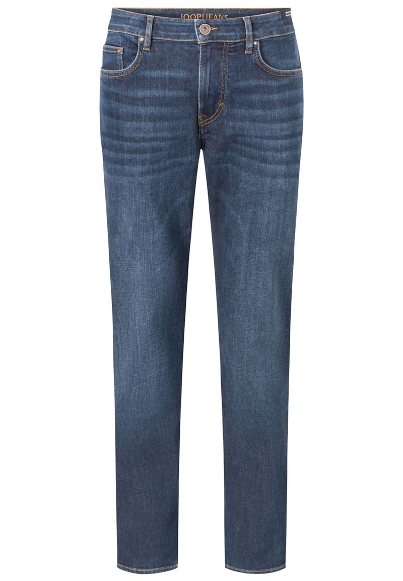 Jeanși din denim de culoare albastru închis, cu un design clasic cu cinci buzunare, croi drept și o ușoară decolorare pe coapse. Accente de metal.