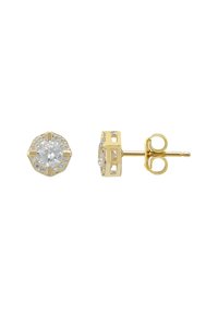Gold stud earrings featuring a round, clear gemstone surrounded by small accents. Octagonal shape with a secure push-back closure.